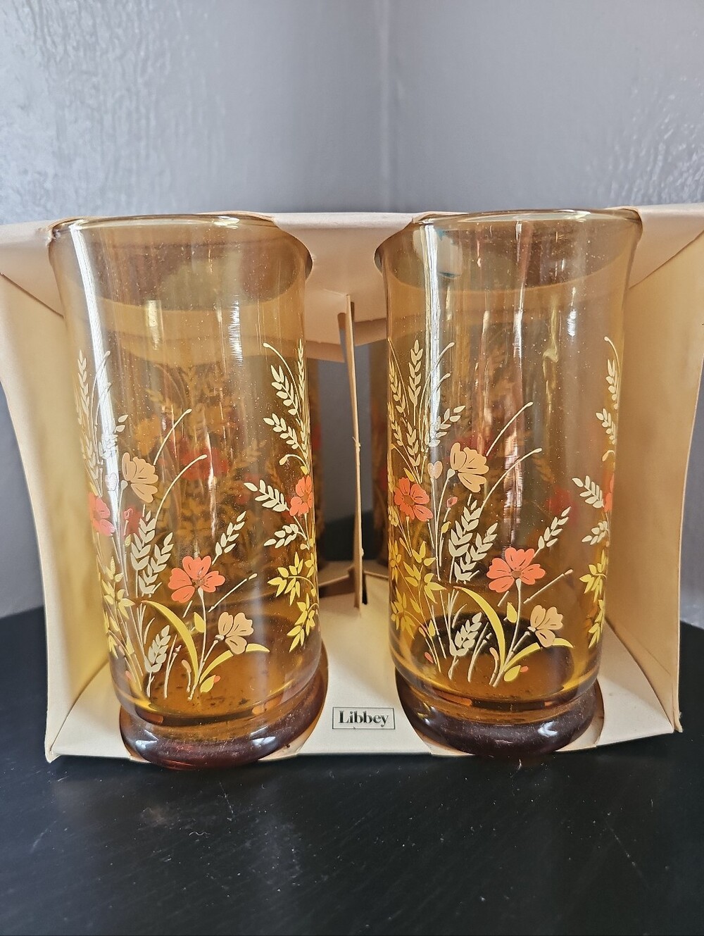 Set of 4 Amber Vintage Libbey Amber Floral Cooler Glasses 16 Oz New!